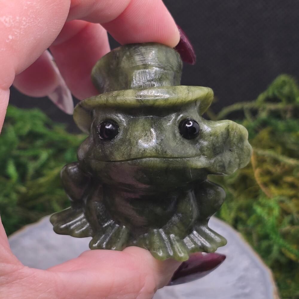 Nephrite Jade Frog Crystal Carving Top Hat Flower Figurine Chipped AS IS